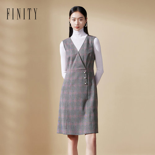 FINITY菲妮迪无袖连衣裙2024年冬季简约复古格纹气质裙子女