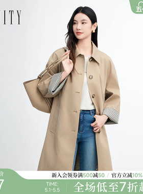 FINITY菲妮迪中长款风衣2026春新款简约卡其色宽松防风外套上衣女