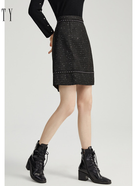 FINITY2023冬装黑色提花半身裙气质显瘦高腰中长款裙子女