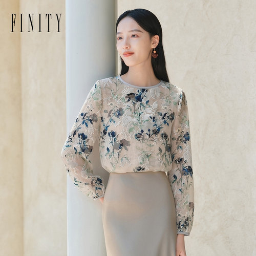 FINITY菲妮迪雪纺衫2026秋季新款通勤圆领印花含蚕丝长袖上衣女装