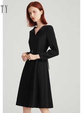 FINITY连衣裙2023春黑色高级感名媛气质收腰显瘦A字小黑裙女