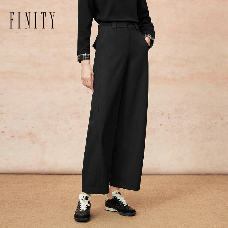 FINITY菲妮迪休闲裤2025冬季新款简约黑色气质宽松百搭直筒长裤女