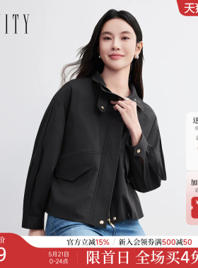 FINITY菲妮迪短外套2026春新款简约休闲气质翻领黑色短款风衣女装