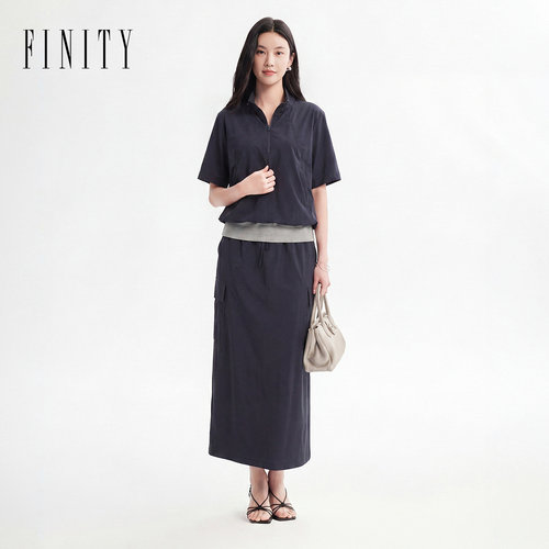 FINITY菲妮迪时尚套装2026夏季新款藏青衬衫式翻领休闲百搭套装女