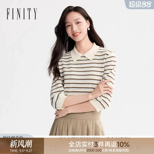 FINITY菲妮迪POLO领针织衫2026年夏季新款简约条纹五分袖上衣女装