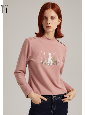 FINITY长袖T恤2023春季粉色复古简约印花宽松半高领上衣女