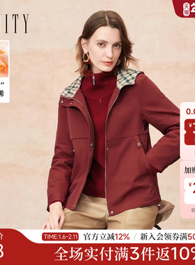 【新年战袍】菲妮迪短外套2026春新款红色格纹通勤保暖棉服棉袄女