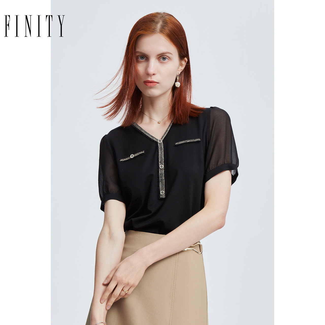 菲妮迪品牌雪纺衫2026年夏季新款 简约小香风V领时尚黑色短袖上