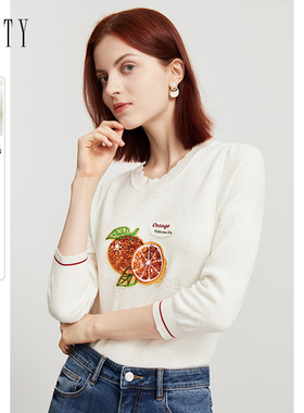 FINITY白色针织衫2023夏季别致印花休闲百搭简约洋气小衫女