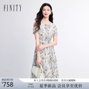 FINITY菲妮迪连衣裙2026年夏季 简约白底印花优雅短袖 长裙女装 新款