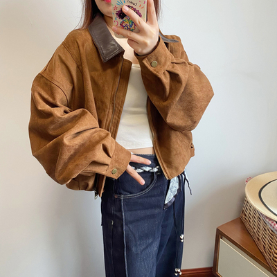 复古拼皮领麂皮外套女