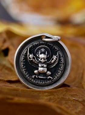 纯手工敲制 足银999金翅大鹏鸟银饼吊坠 纯银圆形男女复古银项坠