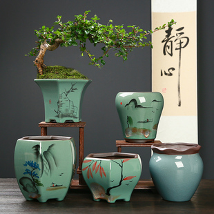 多肉花盆新款哥窑紫砂古典手绘个性文竹创意老桩植物盆栽高款盆景