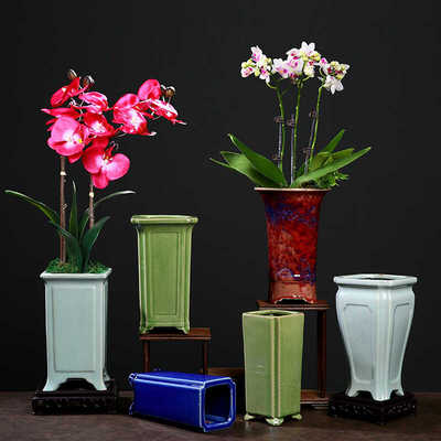 哥窑花盆陶瓷冰裂高款兰花飘枝绿植复古中式景盆古典桌面造景花器