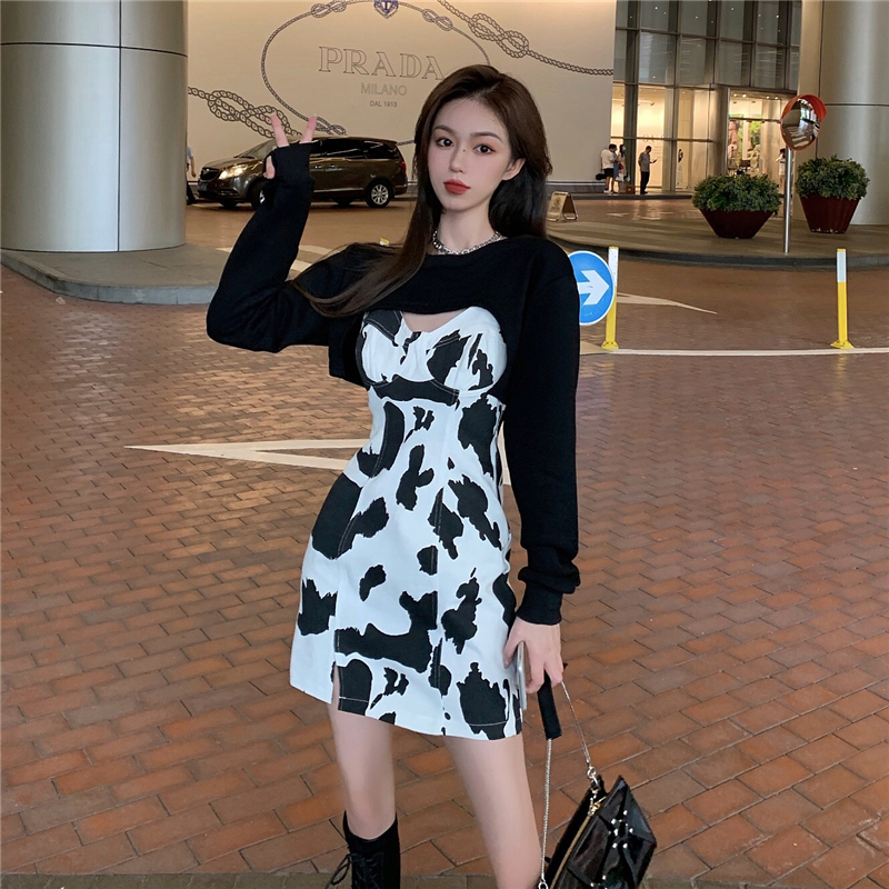Real shot real price ~ early autumn long sleeve shawl sweater T-shirt + foreign style thin reduced age cow Zebra Print suspender skirt