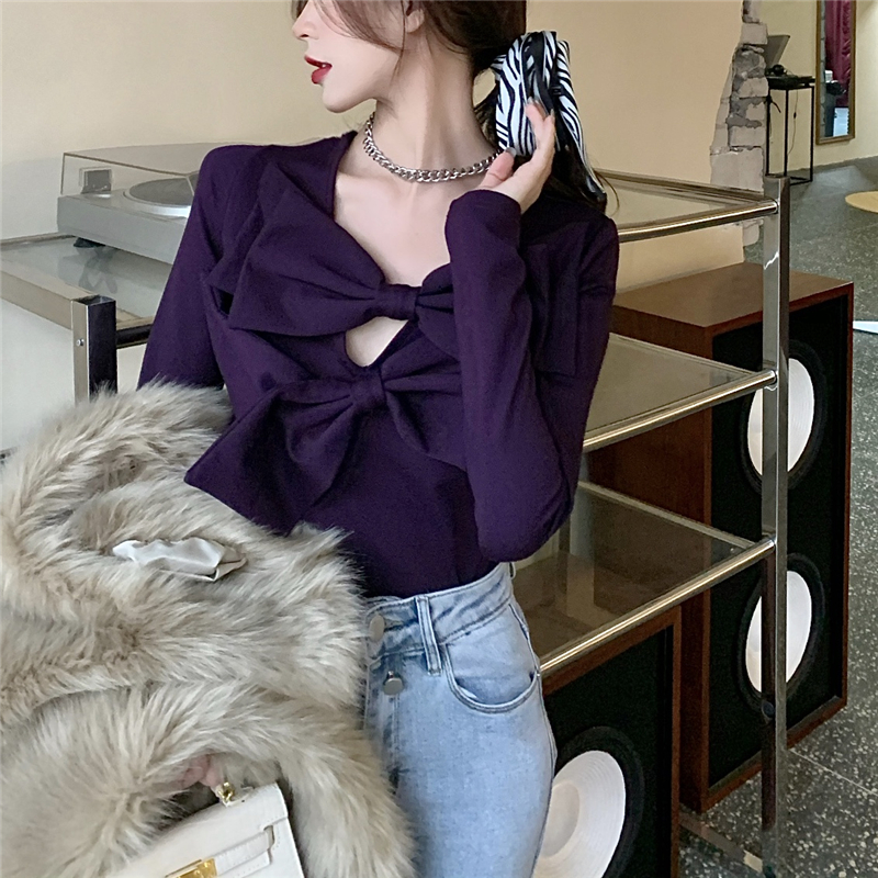 Real price design double layer bow V-neck elastic tight long sleeve base shirt