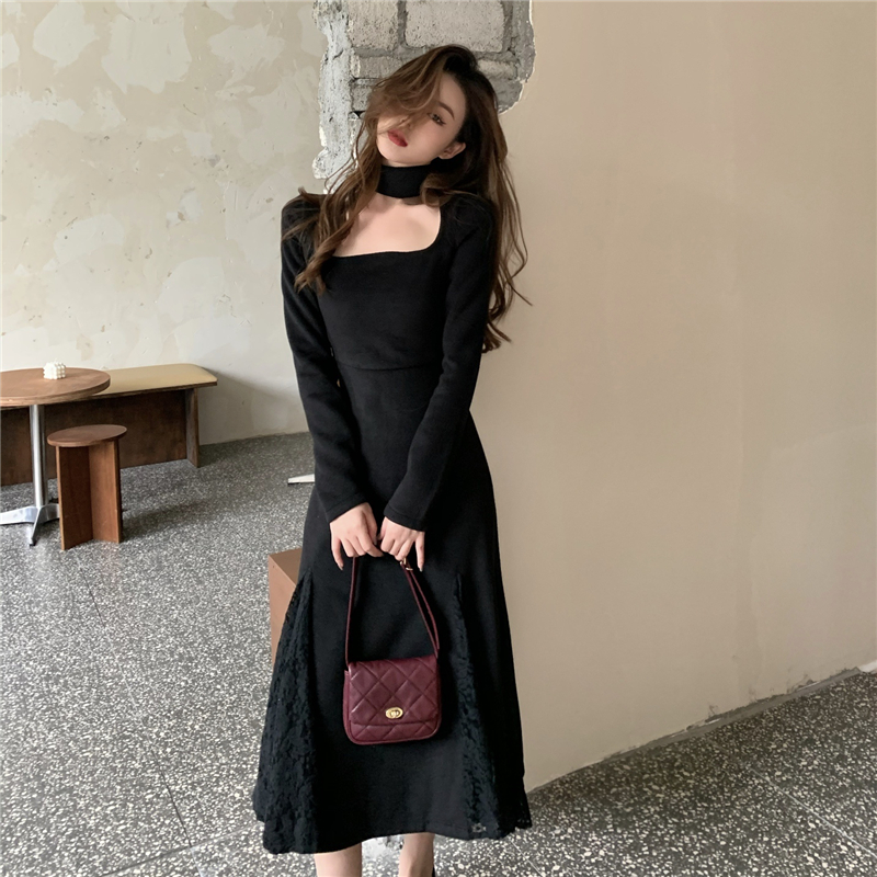 Real price sexy open collarbone with coat underlay woolen skirt temperament long sleeve large swing lace dress