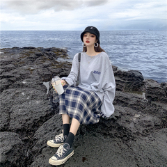 Real price loose BF style girl's sanitary dress + high waist Plaid half-length skirt