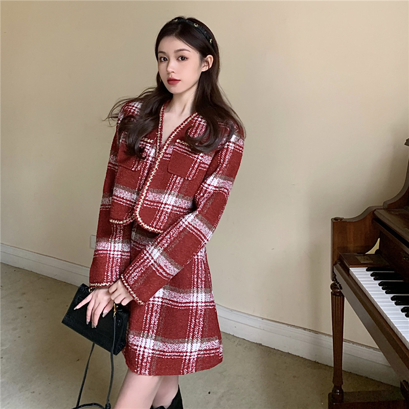 實拍實價 短款格子小個子毛呢外套呢子開衫+吊帶打底連衣裙