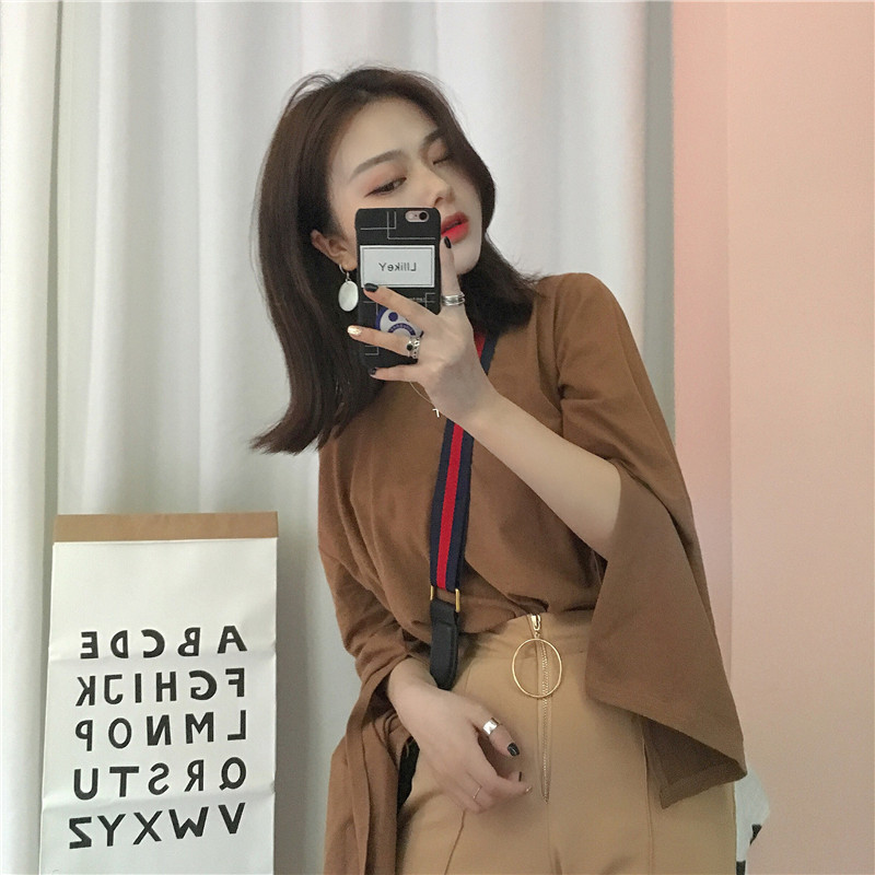 Actual ~retro chic temperament with pure color, basic style, open sleeve, loose T-shirt