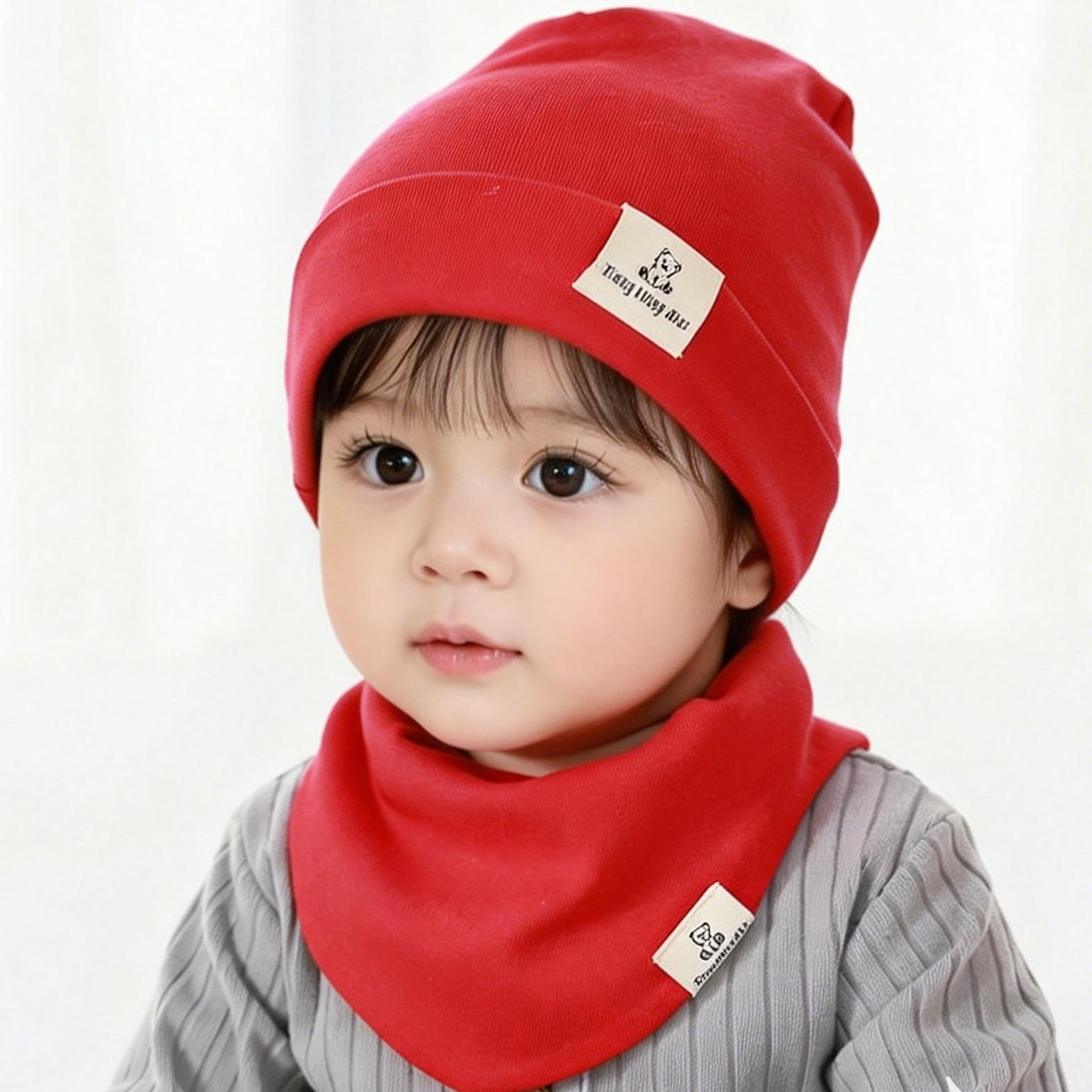 纯棉婴幼儿帽子围脖套装纯色