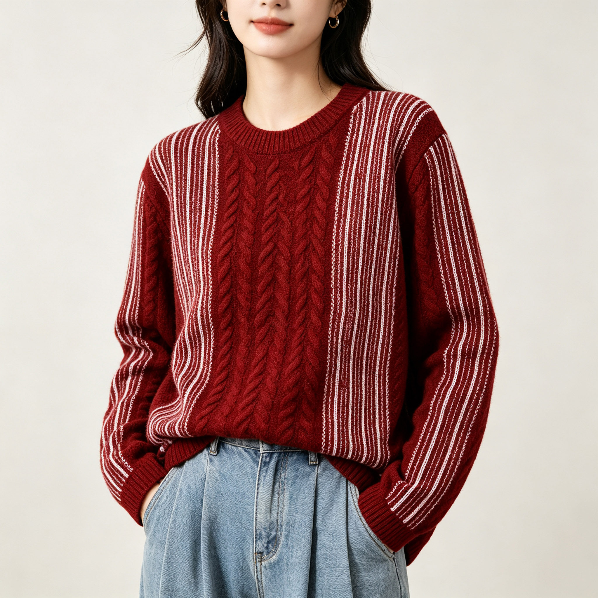 现货红色毛衣女2026年新款条纹撞色慵懒感休闲风软糯针织上衣