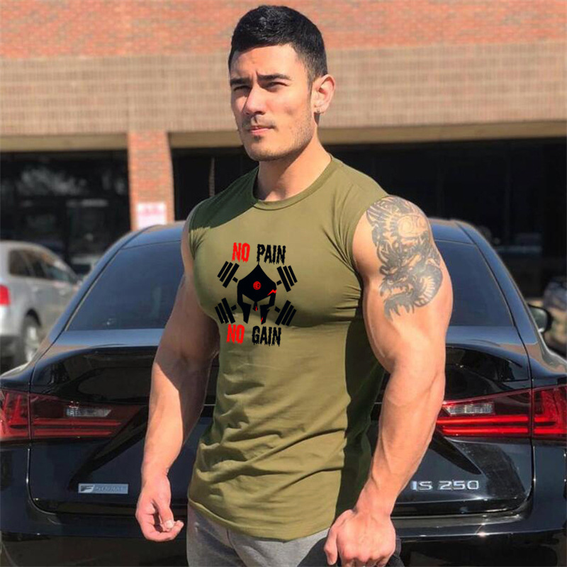 欧美SKULLS印花健美健身运动背心男纯棉紧身无袖t恤gym tank top