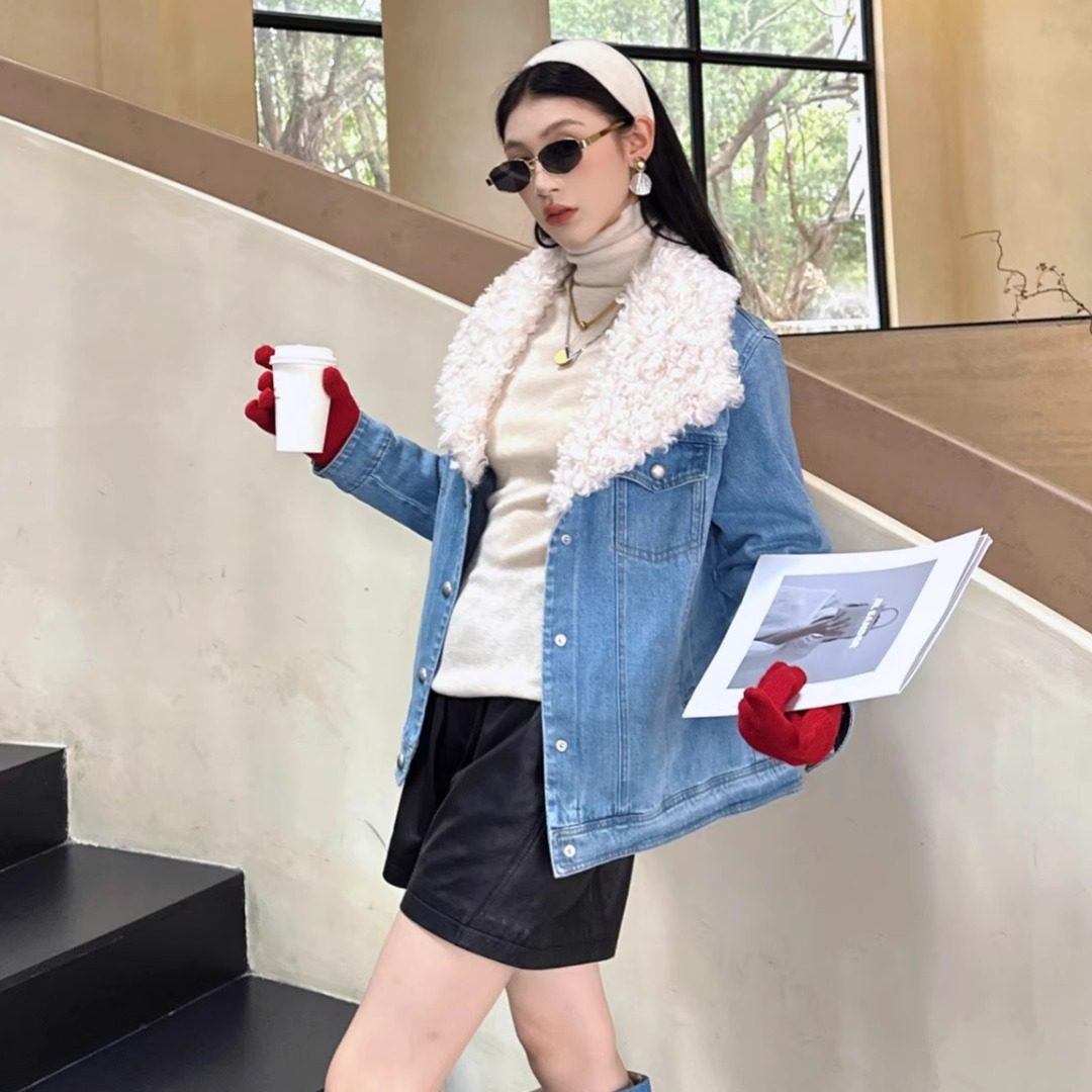 秋冬女可拆毛领牛仔保暖外套