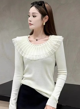 现货潮流公主LY女装2025秋冬新款圆领修身网纱拼接小众毛衣