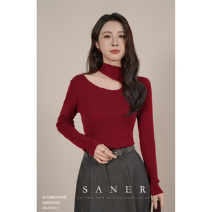 特价SANER欧货2025秋冬新女824334镂空半高领韵味修身抗起球毛衣