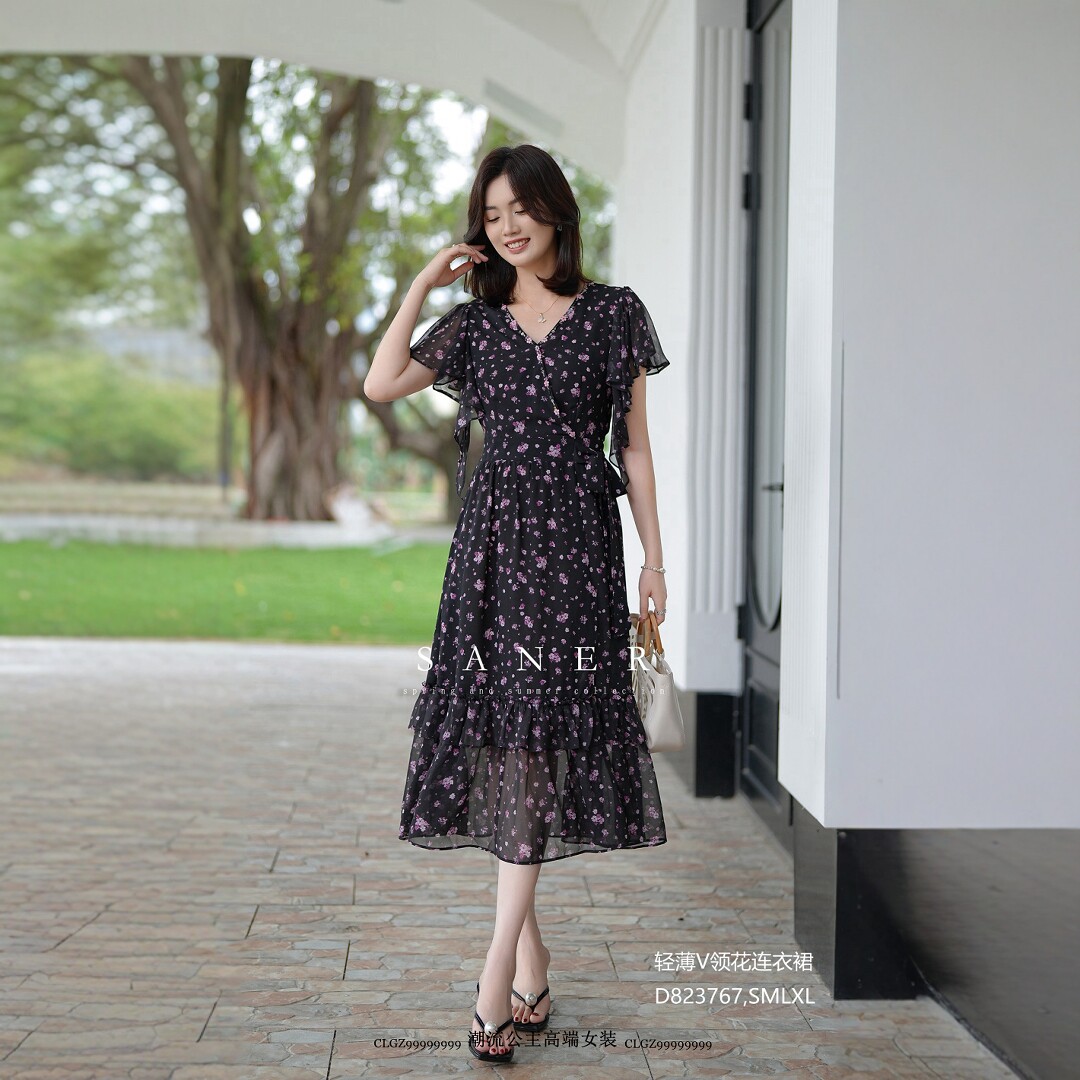 特价SANER女装2025夏季新款823767法式韩系碎花连衣裙女V领雪纺