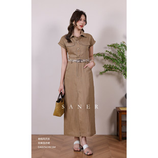 SANER正品2026夏季新款女装825674老钱风天丝亚麻收腰连衣裙
