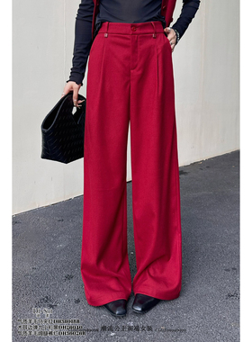 特价DI-SUI正品2025秋冬新款女装36026B气质羊毛红色阔腿长裤