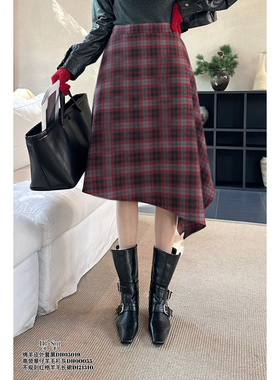 特价DI-SUI欧洲站2025秋冬女装21510复古风不规则格子羊毛长裙