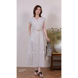 SANER正品2026夏季新款女装825915老钱风纯色亚麻收腰通勤连衣裙