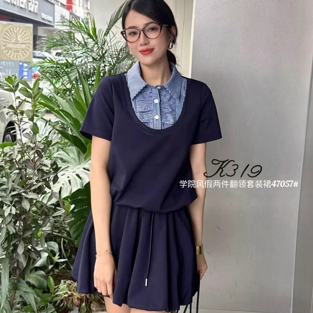 现货特价K319学院风套装女2025夏装韩系卫衣短裙两件套47057