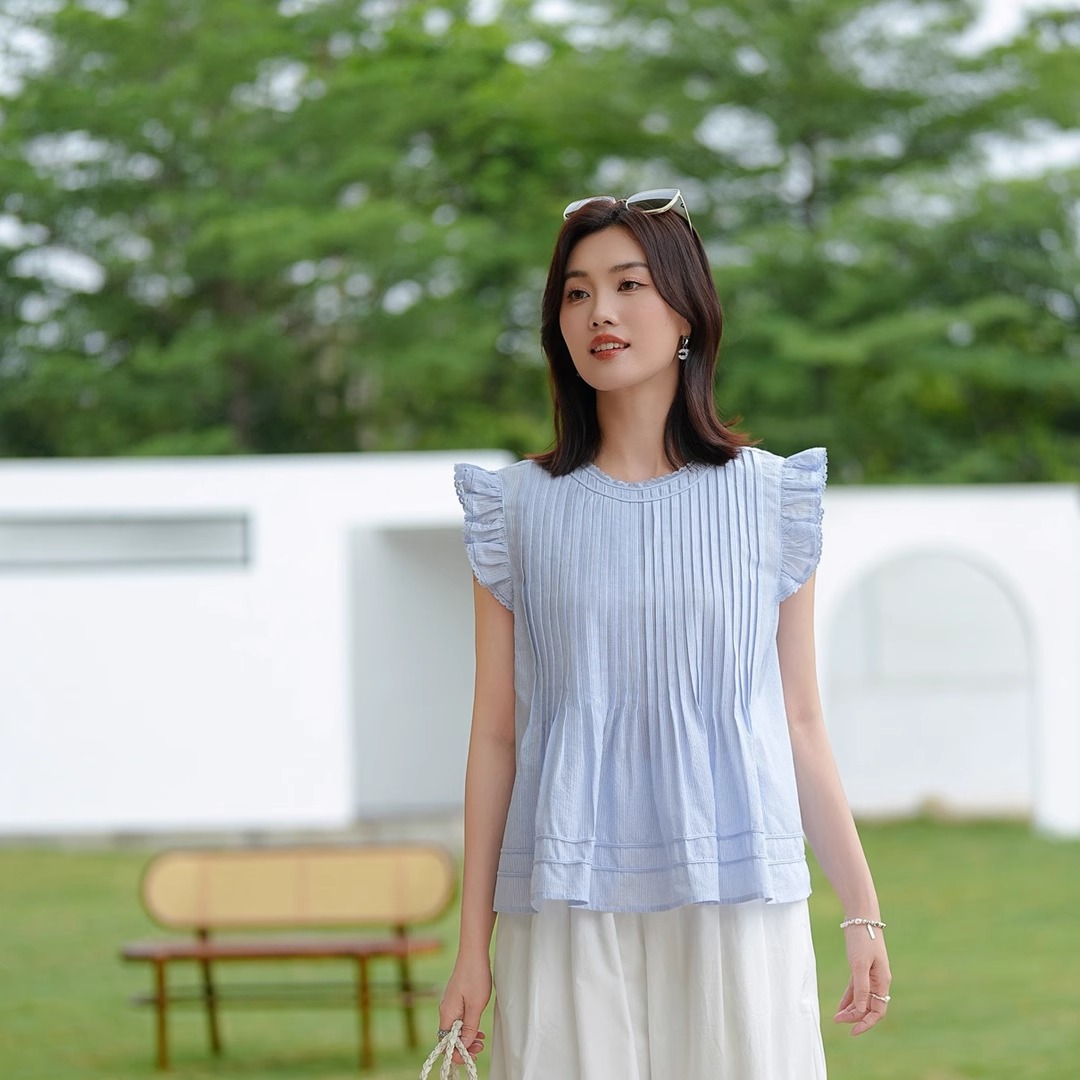 SANER女装2025夏季新款823478小清新蕾丝边压皱飞飞袖衬衫条纹