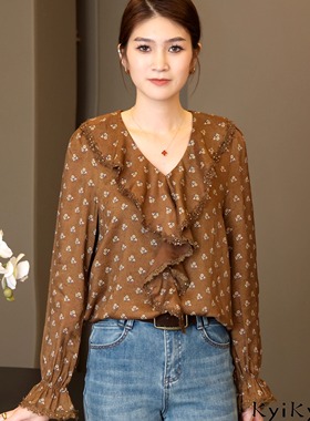 特价K319欧洲站2025秋冬新款女装43365荷叶边V领气质女人碎花衬衫