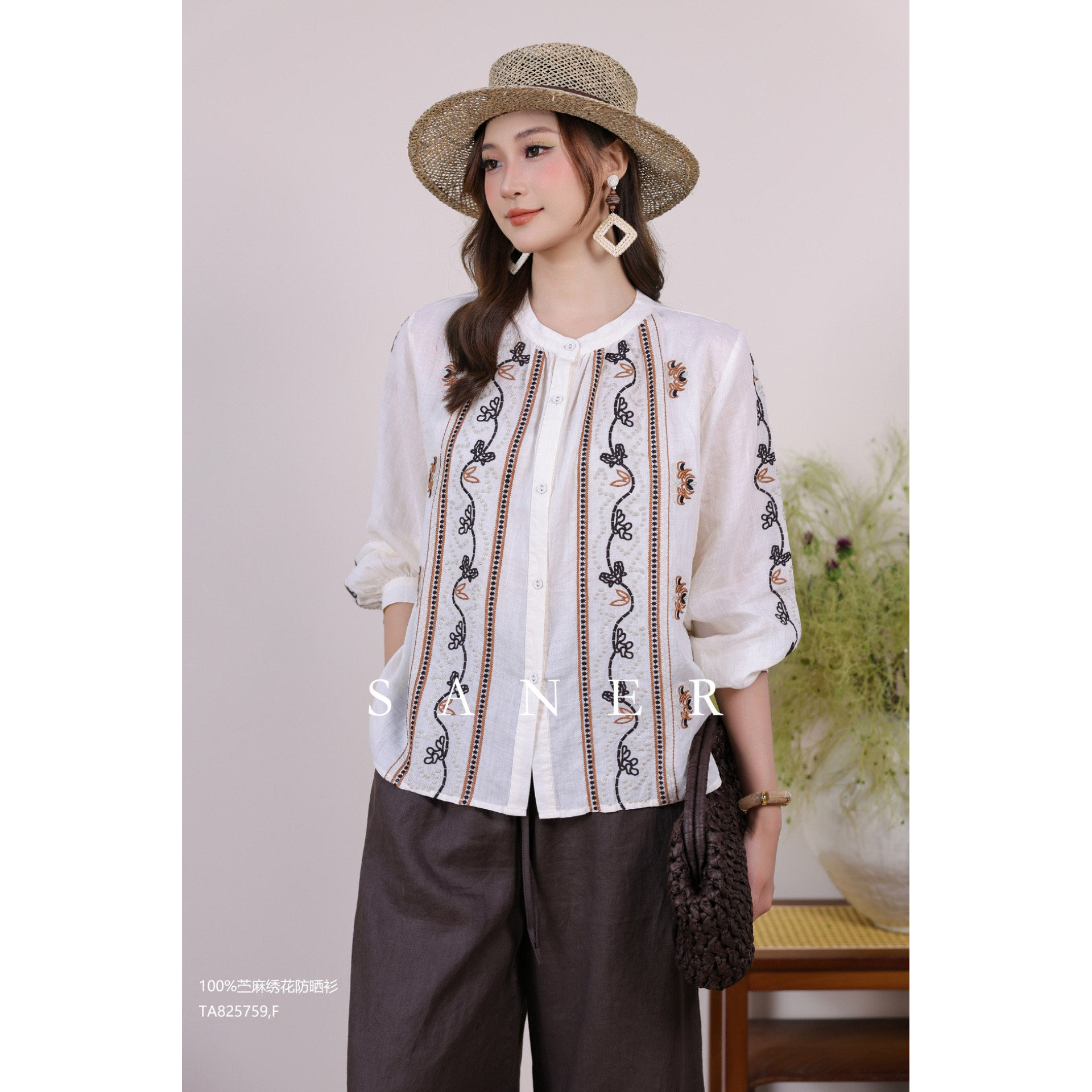 SANER正品2026夏季新款女装825759苎麻花边刺绣透气宽松小衫