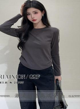 特价R牌正品女2024秋季21767圆领正肩条纹长袖t恤女刺绣褶皱修身