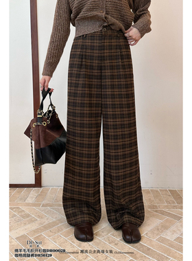现货特价DI-SUI欧货2025秋冬新款女装36129复古风咖色格子休闲裤
