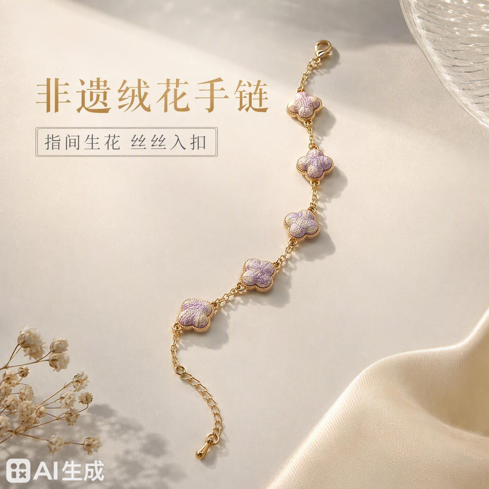 【荣华】系列非遗蚕丝绒花四叶草手链 新中式汉服古风配饰