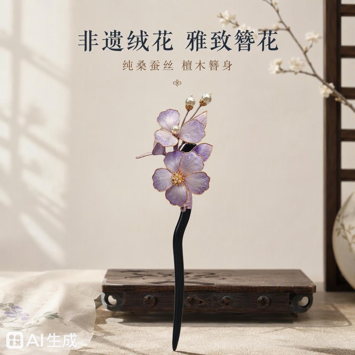 【荣华】系列非遗蚕丝绒花发簪曲柄款 新中式汉服古风配饰