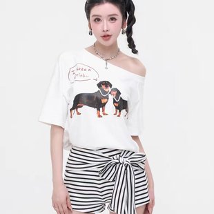 时尚 上衣 2025夏季 气质显瘦斜肩露肩短袖 女 黑白条纹绑带短裤 套装