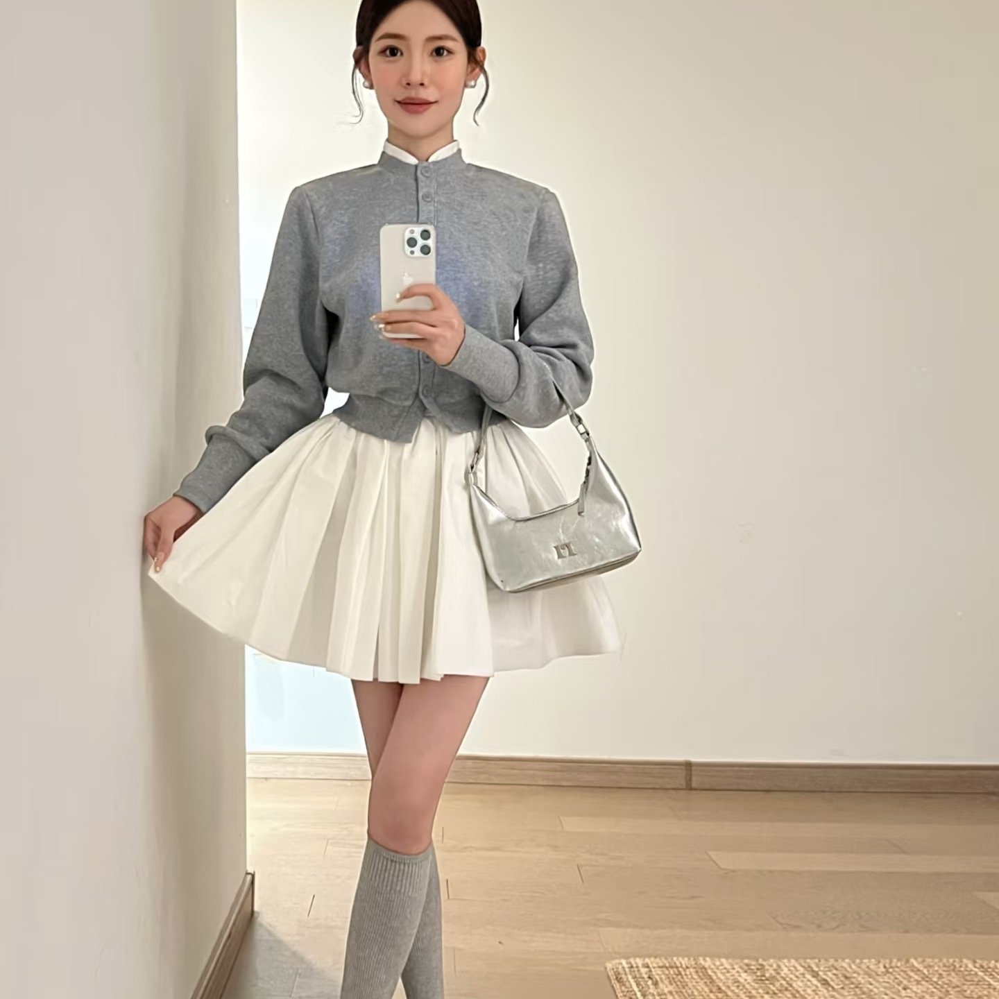 学院风套装灰色设计感针织开衫女春季高腰短裙A字裙半身裙两件套