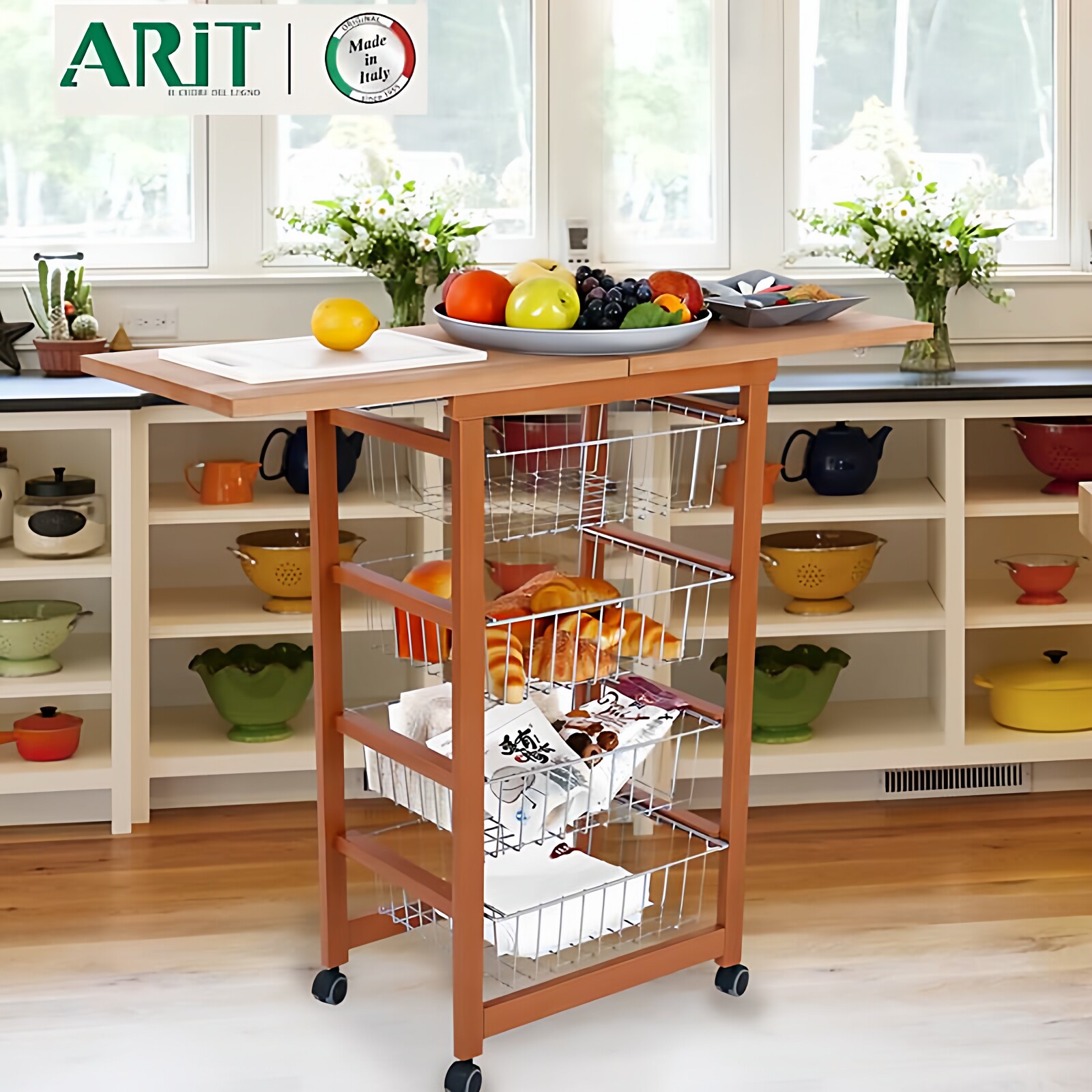 意大利ARIT厨房实木收纳推车带台面果蔬筐多层置物架带轮复古风