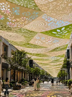 网红三角镂空天幕定制户外餐厅遮阳吊顶装饰布置景区商场引流打