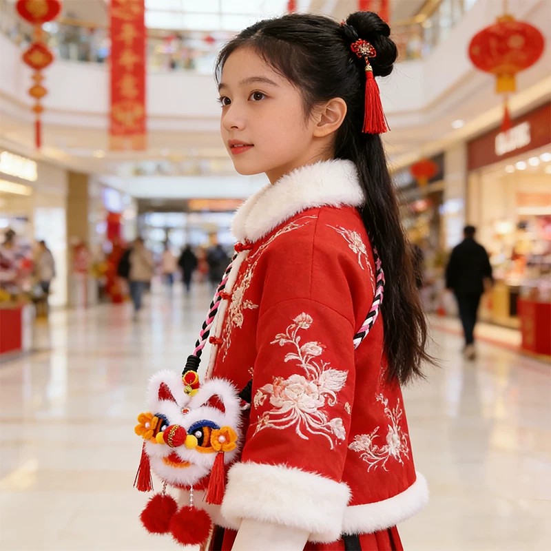 新年中国风醒狮毛绒背包儿童手工编织扭扭棒过年喜庆挎包女童礼品