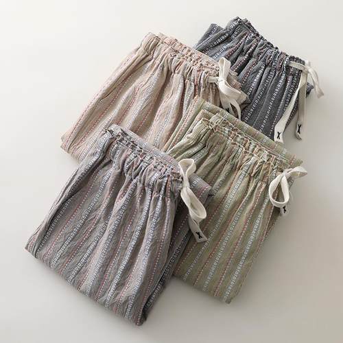 男女纯棉布直筒睡裤条纹