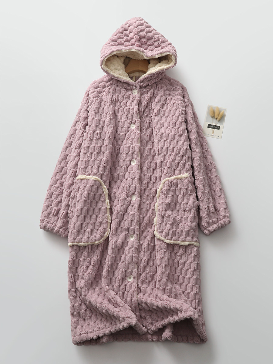 후드 긴 소매 누에고치 모양의 가디건 가정용 잠옷이 있는 여성용 겨울 두꺼운 산호 벨벳 잠옷은 가운 밖에 착용할 수 있습니다